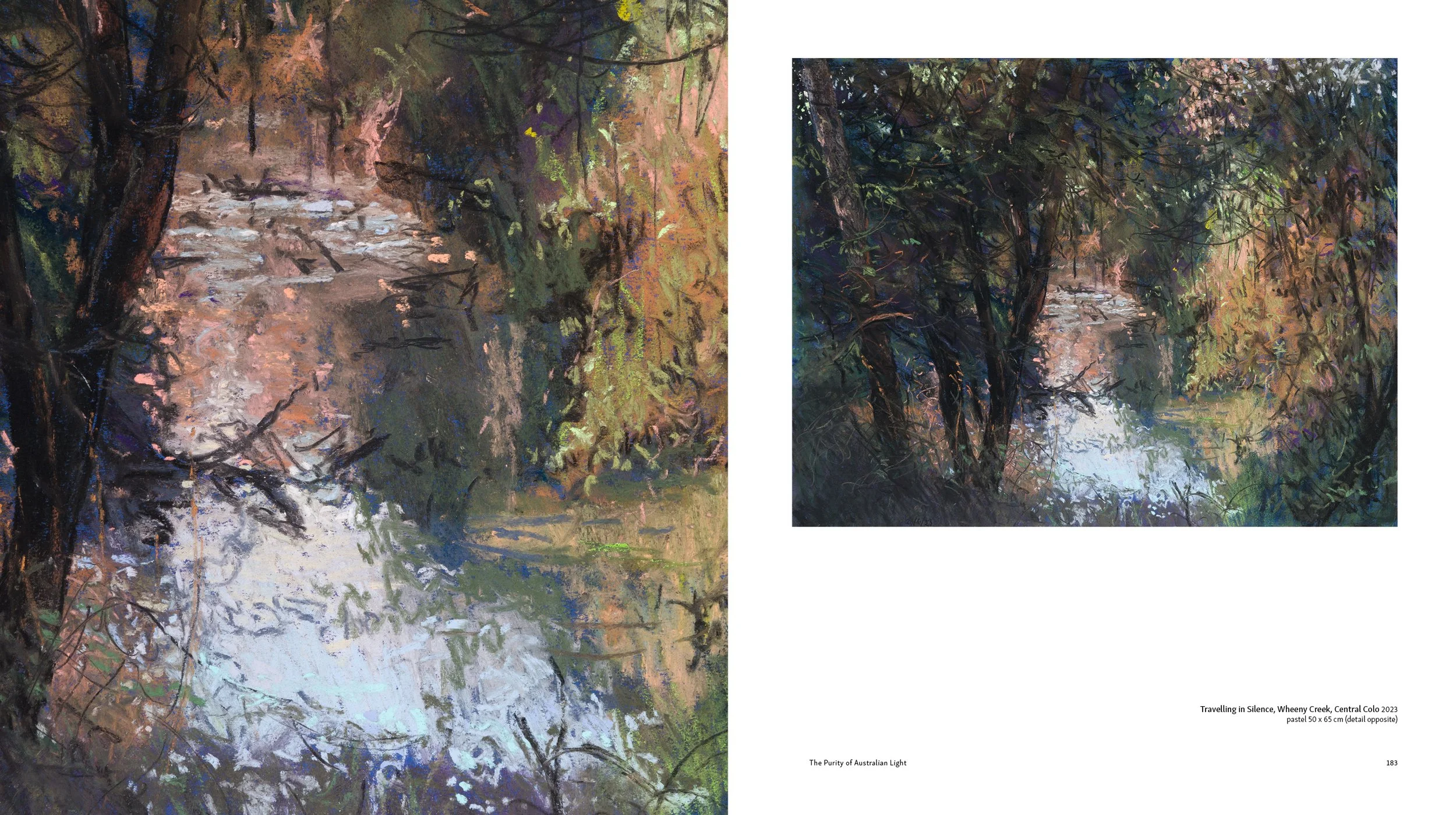 Two landscape paintings of a stream in a wooded area. The left painting depicts a peaceful creek with calm water flowing over rocks, surrounded by trees with autumn-colored leaves. The right painting shows a similar scene with a river or creek, with
