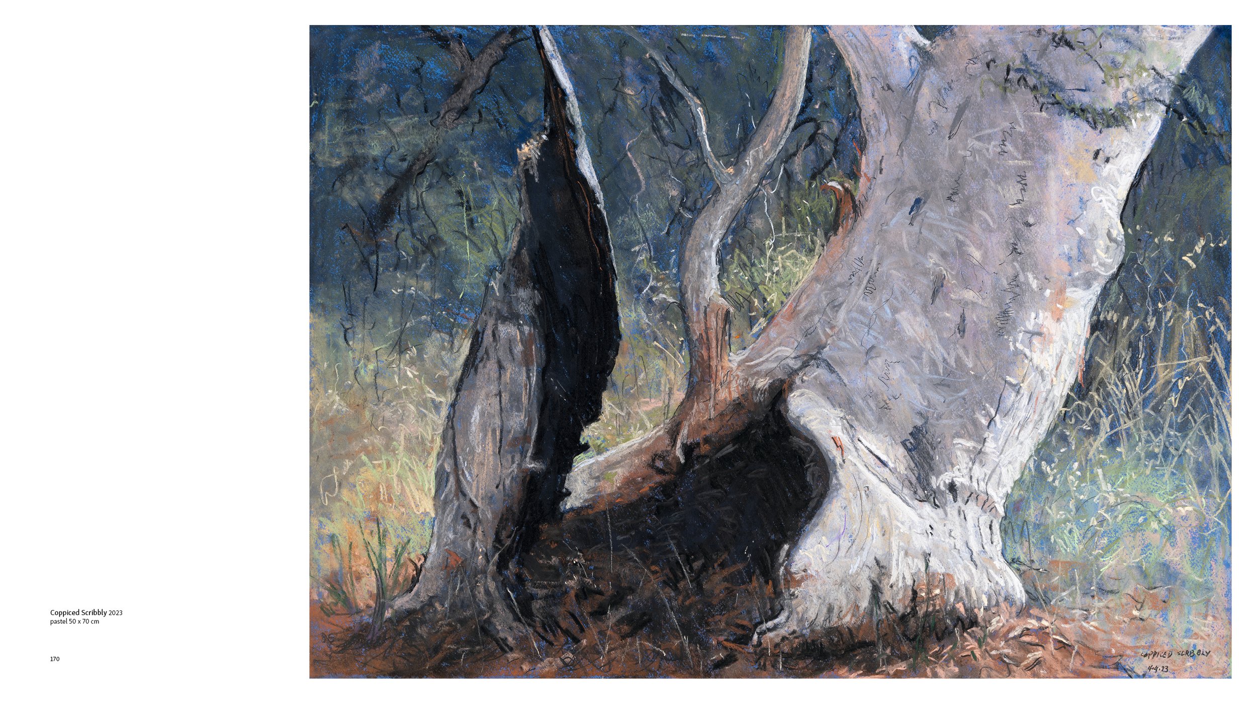 A painting of a large, white and gray tree with twisting branches, standing on a patch of grass with small plants and leaves at its base, in a natural outdoor setting with a blue and green background.