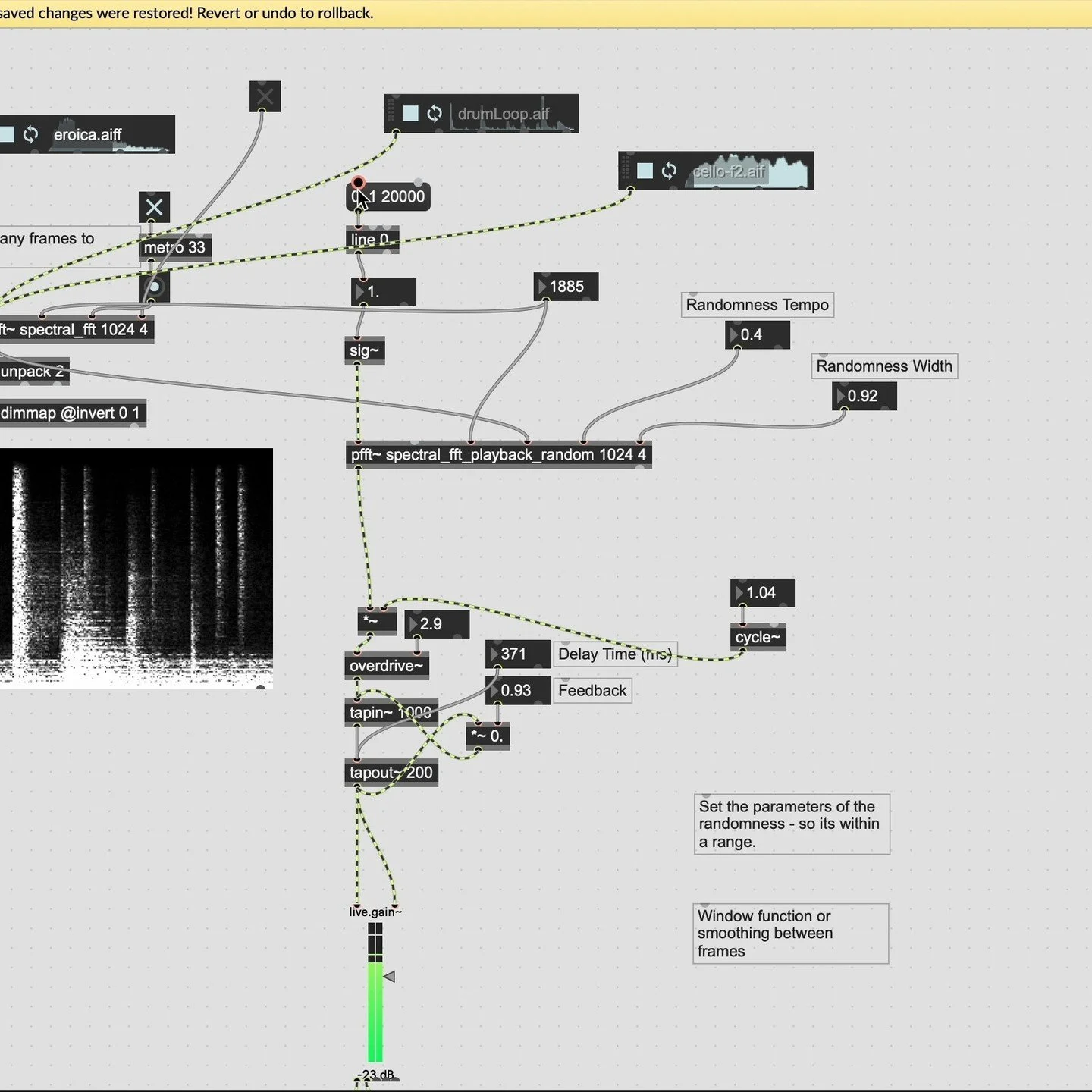 Feeling under the weather so spending time explore fft in Max/MSP. First time an exploration in with fft started by myself has had some sort of interesting output. 

#maxmsp