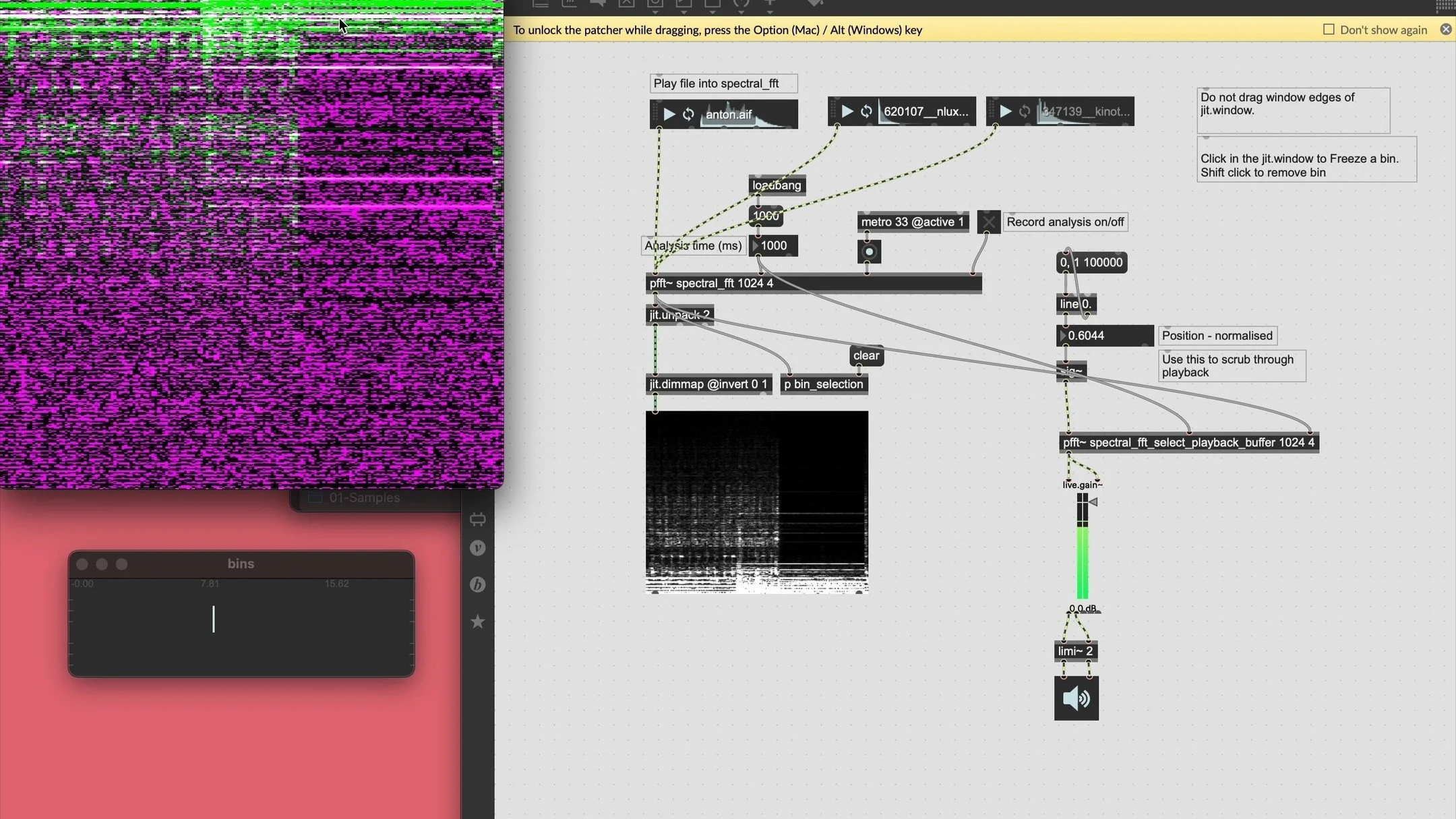 More experiments with FFT. Gradually increasing my understanding and ability to intentionally make stuff in it. Click on the spectrum to freeze that frequency bin. 

#max/msp