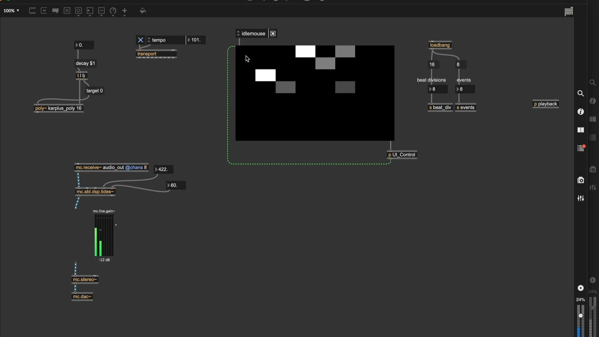 Playing with building a sequencer in Max. Homemade jitter pwindow for UI instead of matrixctrl object. Then plugged in a basic Karplus Strong synth. 

#maxmsp #maxmspjitter