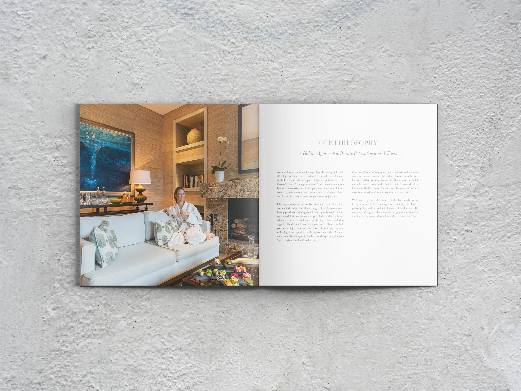 Delaire Graff Spa wellness menu explaining the spa philosophy with relaxation room image of girl enjoying high tea
