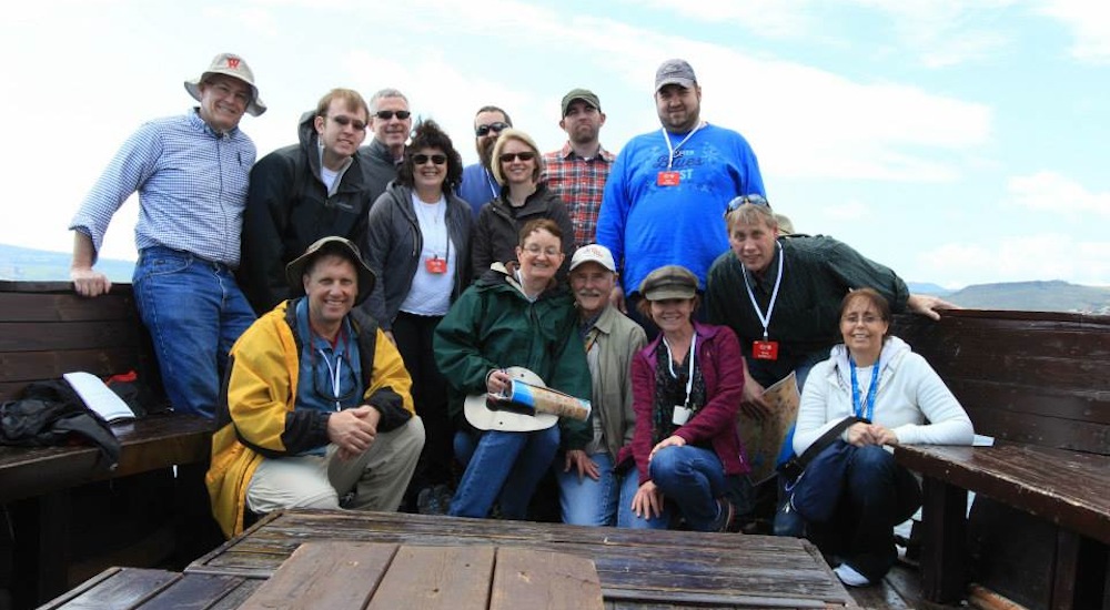 Angela and an intrepid group of explorers afloat on the Sea of Galilee.