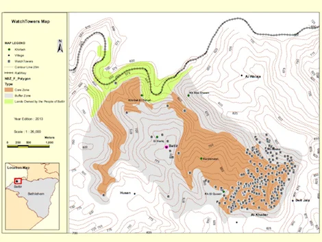 A map illustrating the distribution of agricultural towers near the Palestinian village of Battir. Note the “sprinkles” of squares on the right hand side of the orange colored area. These are documented towers. The red dot in the center of the map is Battir. The village of Bayt Jala is located on the right edge. Bethlehem (Beyt-lahem) is just off the map to the east, Jerusalem is just off the map to the north. From here .