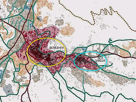 Map of greater Bethlehem area showing urban build up and connecting routes. Bethlehem is in the yellow circle; Bayt Sahour is in the light blue circle. The dashed line at the top of the map represents the path of the security barrier that isolates the West Bank from Jerusalem. Image from here .