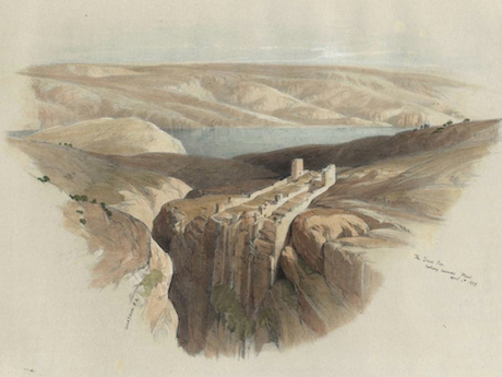 David Roberts’ presentation of Mar Saba is stunning. The monastery is perched on the edge of a yawning canyon. The Dead Sea is pictured in the distance. Roberts traveled through the Near East between 1838 and 1840. Upon his return to Scotland he transformed his sketches and memories into a series of lithographs that remain popular to this day. This lithograph was lifted from here .