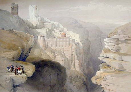 Another David Roberts lithograph of Mar Saba. His sketch romantically portrays the canyon of the Kidron, a Jerusalem stream that winds through the wilderness and empties into the Dead Sea near Qumran. Image from here.