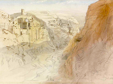 This ink and wash of the monastery of Mar Saba was done in the year 1858 by Edward Lear. His style is quite warm and distinctive, as are his nonsense poems and limericks. Who has not heard of his most famous ditty, “The Owl and the Pussycat”? The source for this painting is here .