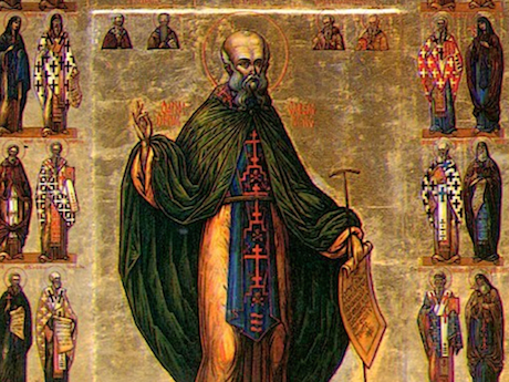 Saint Sabbas the Sanctified as pictured on a Russian icon. Image from here .