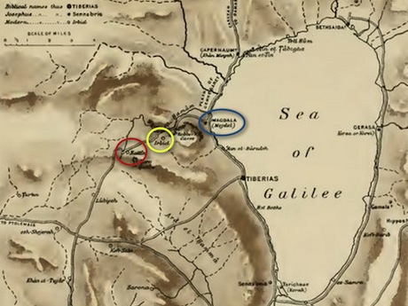 1903 map of Eastern Galilee. Horns of Hattin (red), Arbella (yellow), and Magdala (blue) are circled. Note the path of the highway that passes by each of these villages. Map is from here .