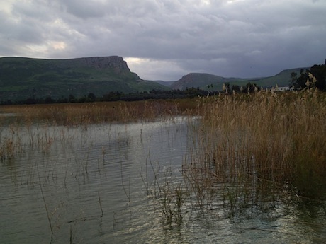 View from the Sea of Galilee to the cliffs of Mt Arbel (left of center). Arbella rests on the plateau above. The Wadi Hamam yawns in the center and Mt Nitai, named after the famous teacher from the pages of Pirke Avoth, looms to the right.