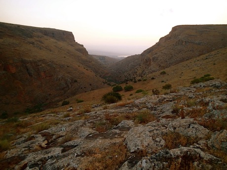 View east into the Wadi Hamam. The northern edge of the Sea of Galilee appears.