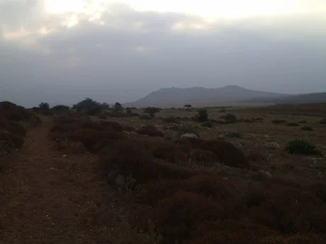 The Horns of Hattin rise out of the misty dawn.