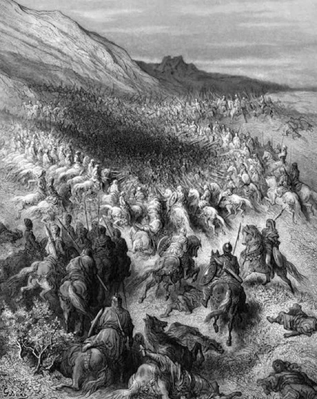 Artistic reconstruction of the battle. One could label it either “Roasted Franks” or “The Crusader’s Alamo.” Source .