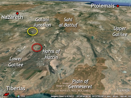 Google Earth offers a bird’s eye view of many features in the region. The Roman road described here is found just northeast of the Golani Junction (inside yellow circle). I dead reckon my way from there toward the Horns of Hattin (inside red circle).