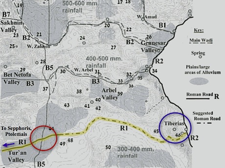 Modified map from Uzi Liebner’s Settlement and History in Hellenistic, Roman, and Byzantine Galilee: An Archaeological Survey of the Eastern Galilee (2009). The road I seek is Liebner’s R1, highlighted in yellow. The interchange is inside the red circle.