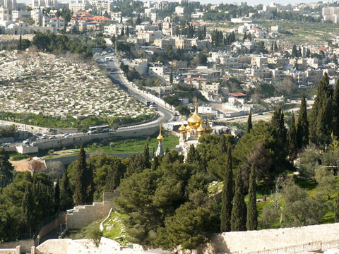 View to the Russian Orthodox Church on the slopes of the Mount of Olives.
