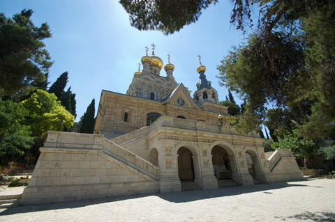 View to the front entrance and porches of the church.