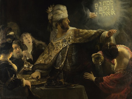 Rembrandt, “Belshazzar’s Feast.” About 1636-8. Image from here .