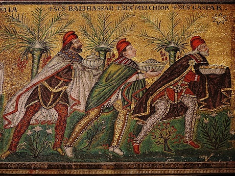 Image of the Wise Men bearing gifts. This mosaic is from the New Basilica of Saint Appollinaris in Ravenna, Italy. Image from here