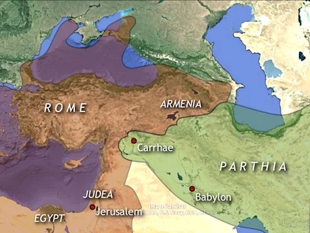 The meeting place of superpowers. 1st c. BC. Judea, the birthplace of Jesus and the domain of Herod, guarded Rome’s southeast flank. This map is a modified image from Google Earth.