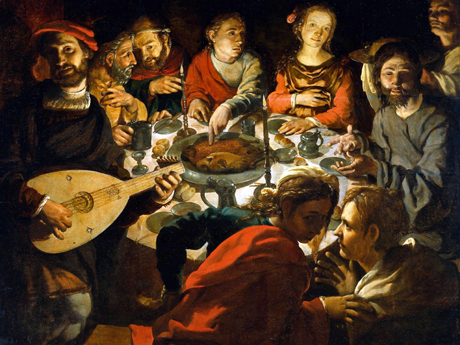 My Cana feast doesn’t look anything like this. But it is entertaining, no? Contrast the two female faces. The mandolin adds a nice touch. “The Marriage at Cana” is a 16th c painting by Jan Vermeyen. Source .