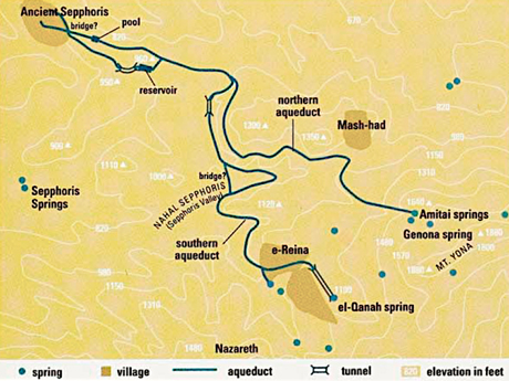 Regional map. Note the site of Sepphoris in the upper left hand corner. The “Sepphoris Springs” just south of the site are too low to be of practical use. However springs to the southeast of the site sit above it, and were therefore tapped. For future reference, note the modern Arab village of Mashhad. Image from BAR (July/Aug, 2000: 36).
