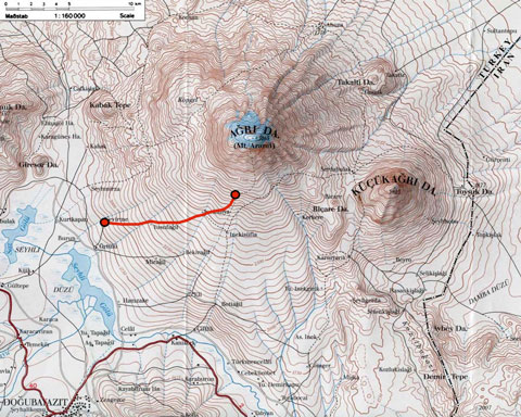 Topographic map showing the route from Çevirme to Low Camp (Base 1).