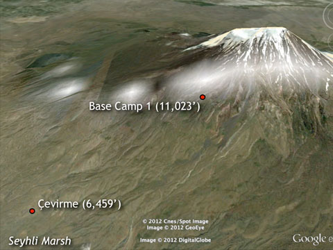 Recorded GPS coordinates transferred to a Google Earth map.