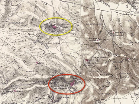 I traverse the drainage basin between Nazareth (inside the red circle) and old Suffuriyyah (inside the yellow circle). This image is a composite of two plates found in the work of the British explorers Kitchener and Conder (published in the 1880s). Old maps like these strip away some of the veneer of modernity. Check out the wonderful tool at the Digital Archaeological Atlas of the Holy Land here.