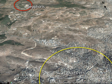 View NW from high above Galilee. Note the new road (whitish color) being cut from Nazareth (at about 10 o’clock on the yellow circle) to the main road. Salute to Google Earth once again.