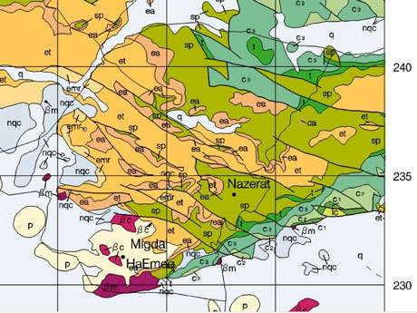 Geological map of southwestern Galilee. Detail of online map from Geological Survey of Israel. See ftp://ftp.gsi.gov.il/250k_maps/Carmel.jpg.