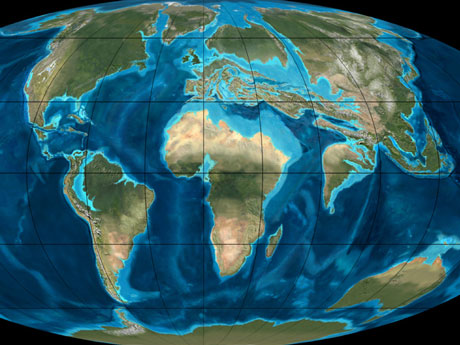 “Satellite” view to an Eocene earth. Note how the area of the modern Middle East is completely submerged. Sediments deposited in hoary antiquity continue to shape the contours of life today. Image from Ron Blakey, NAU Geology at http://jan.ucc.nau.edu/~rcb7/50moll.jpg .