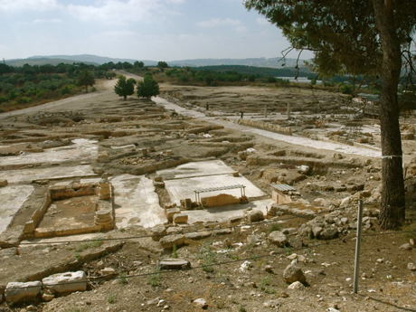View to the lower city of Sepphoris. The stone paved road through the center of the city is the decumanus, the major east-west corridor. It yields to modern asphalt on the near horizon where the cars are parked outside of the visitor’s center. The outskirts of modern Nazareth are visible on the distant horizon (right) .