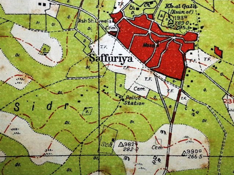 Detail from a British map of 1942. The village of Suffuriyyah in red. Source.