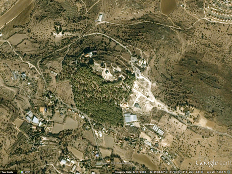 Google map of Sepphoris/Suffuriyyah. Excavations (light beige) are revealing the Greco-Roman period capital. Needle forest hides the “erased” history of the site.