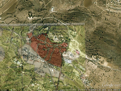 British map and Google map pressed together. Note how the outline of the forest matches the outline of the village. This is hardly coincidental.