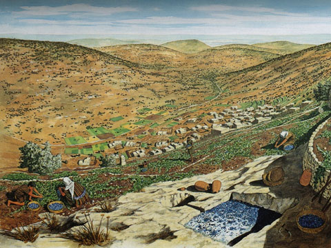 Interpretive painting of first century Nazareth. The view from the ridge. Note the distinctively shaped hill on the horizon. Illustration from Crossan and Reed, Excavating Jesus (2003).