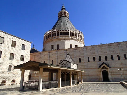 View to the Basilica of the Annunciation from the courtyard.
