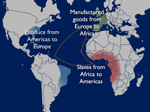 The triangular trade of the 17th century. Image modified from here . 