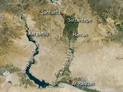 The border region between Turkey and Syria. Note the path of the Euphrates River on the left, including Lake Al-Asad (south of Kargamiş or Carchemish). Note also the Al-Balīkh drainage system that extends from Şanlıurfa in modern Turkey to Ar-Raqqah in modern Syria. From north to south the system is about 80 miles long.