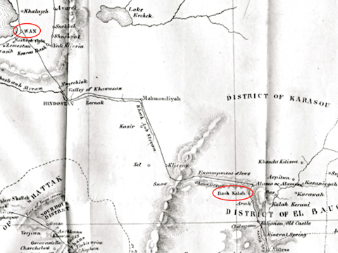 Map of Layard’s travels in 1850. Note Layard’s path, shown by the solid line. Note also the location of Van (Wan) in the upper left corner of the map and Bash-kalah (modern Başkale, on the Turkish-Iranian border).