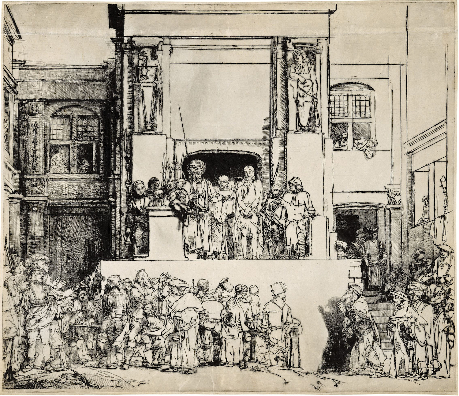 “Ecce Homo” or “Christ Presented to the People,” by Rembrandt van Rijn (1655). Notice the stiff symmetry of the “stage,” buildings, and arches. Several versions of this drypoint have been preserved, each showing a reworking of select details of the scene. This image is from here .