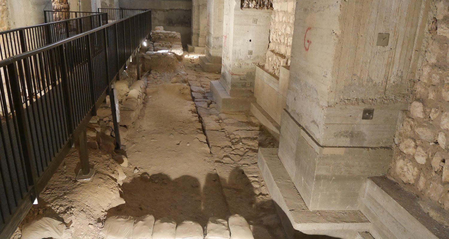 What lies beneath? Crusader-era arches are visible at left. Herodian/Hasmonean walls run out straight ahead.