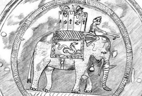Greek combatants in an armored turret on an Indian war elephant. A phalera of the 3rd-2nd century BC. Hermitage Museum, Russia. From wikipedia.org