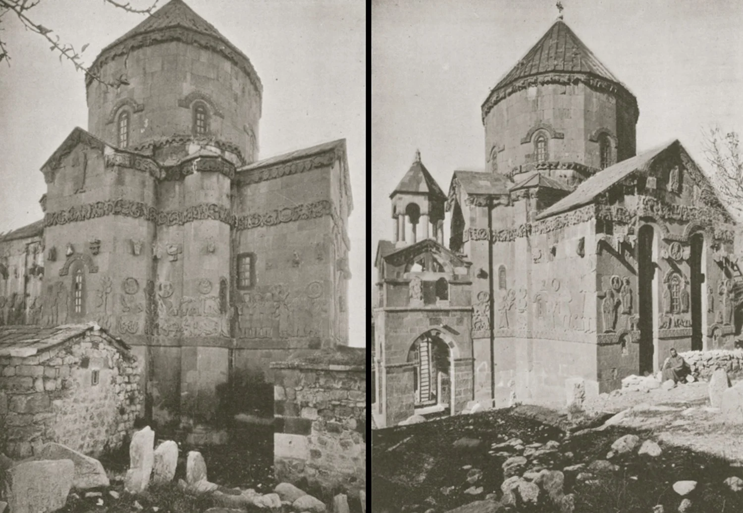 Two views to the exterior of the Church of the Holy Cross pictured more than a century ago. From Lynch (1901: Fig 142 left and Fig 141 right).