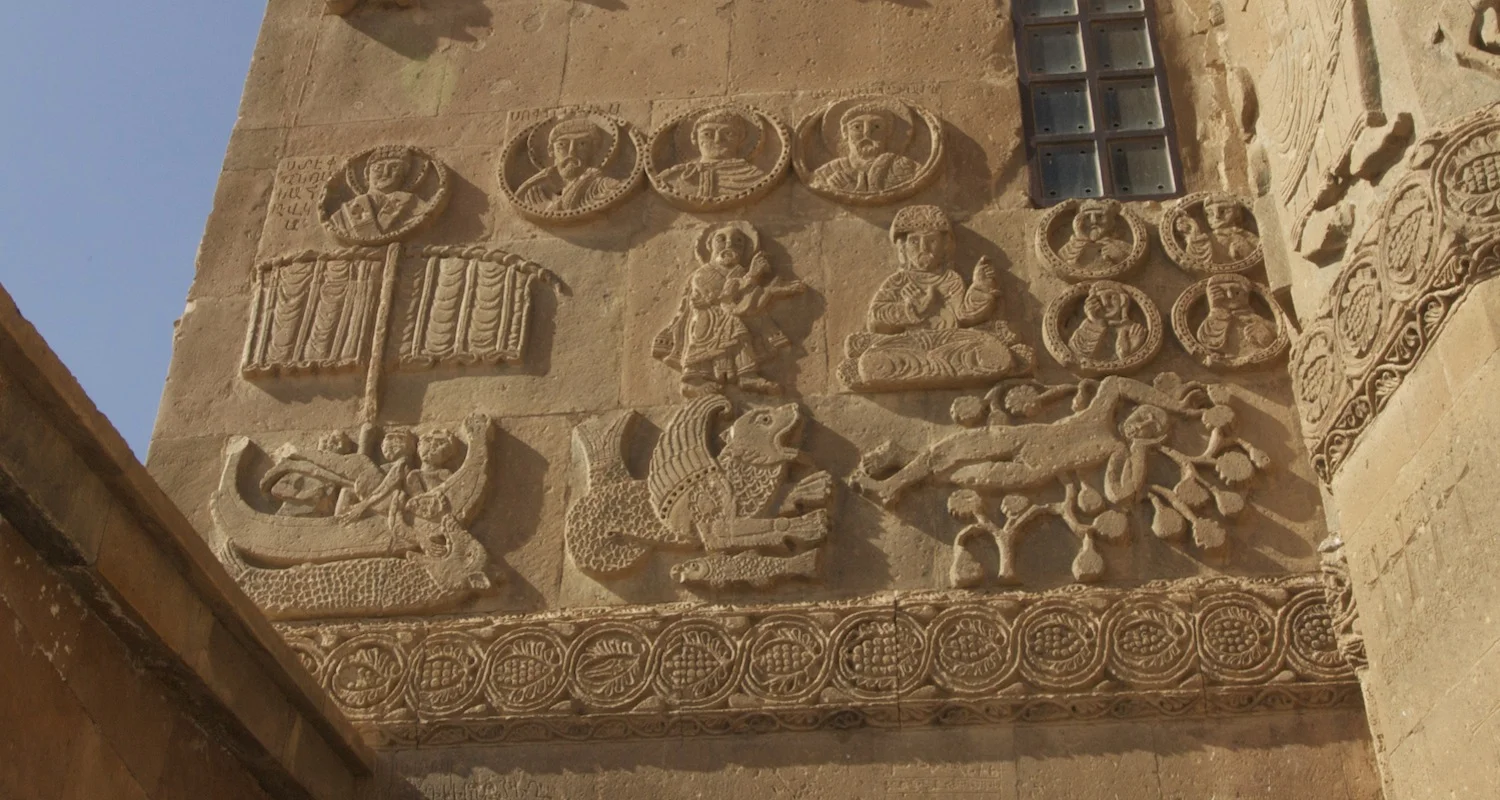 The Jonah story. The naked Jonah goes overboard on the left. The beast coughs him up in the middle and he journeys to Nineveh. On the right, he reclines under a tree and awaits the judgment.
