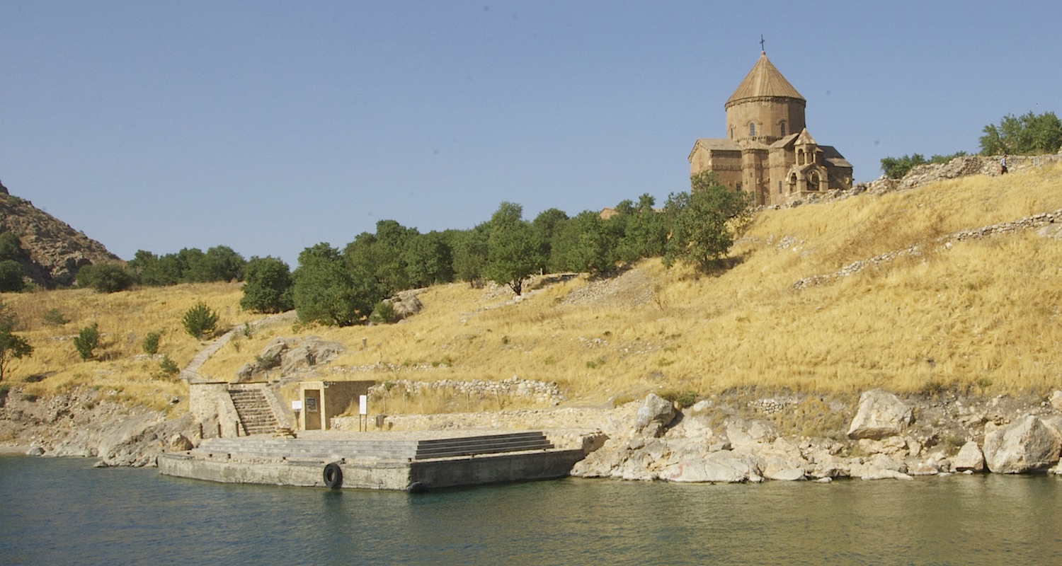 View to the island, the dock, and what is left of the church complex.