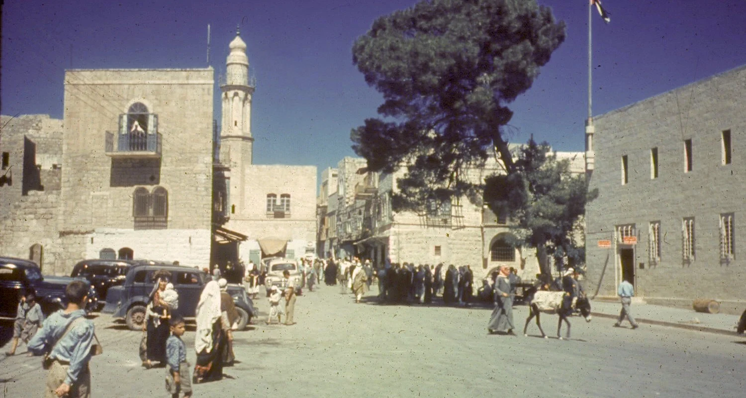 View to Manger Square in Bethlehem, Palestine. Date unknown. Image from a private collection of slides donated to Cincinnati Christian University.