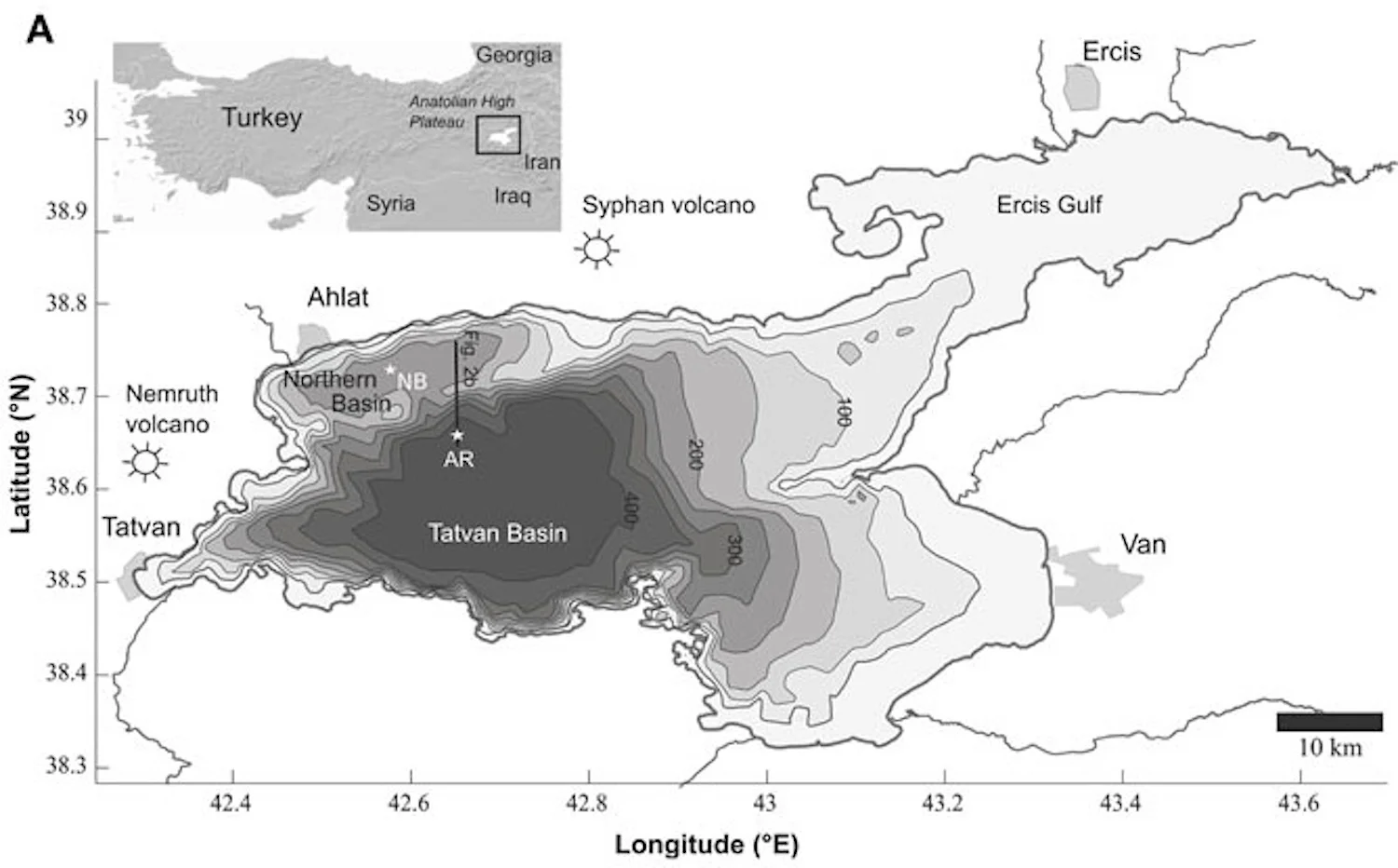 A bathymetric drawing of Lake Van. Note the Bendimahi enters the sea via the Ercis Gulf on the northeast coner. Image from here .